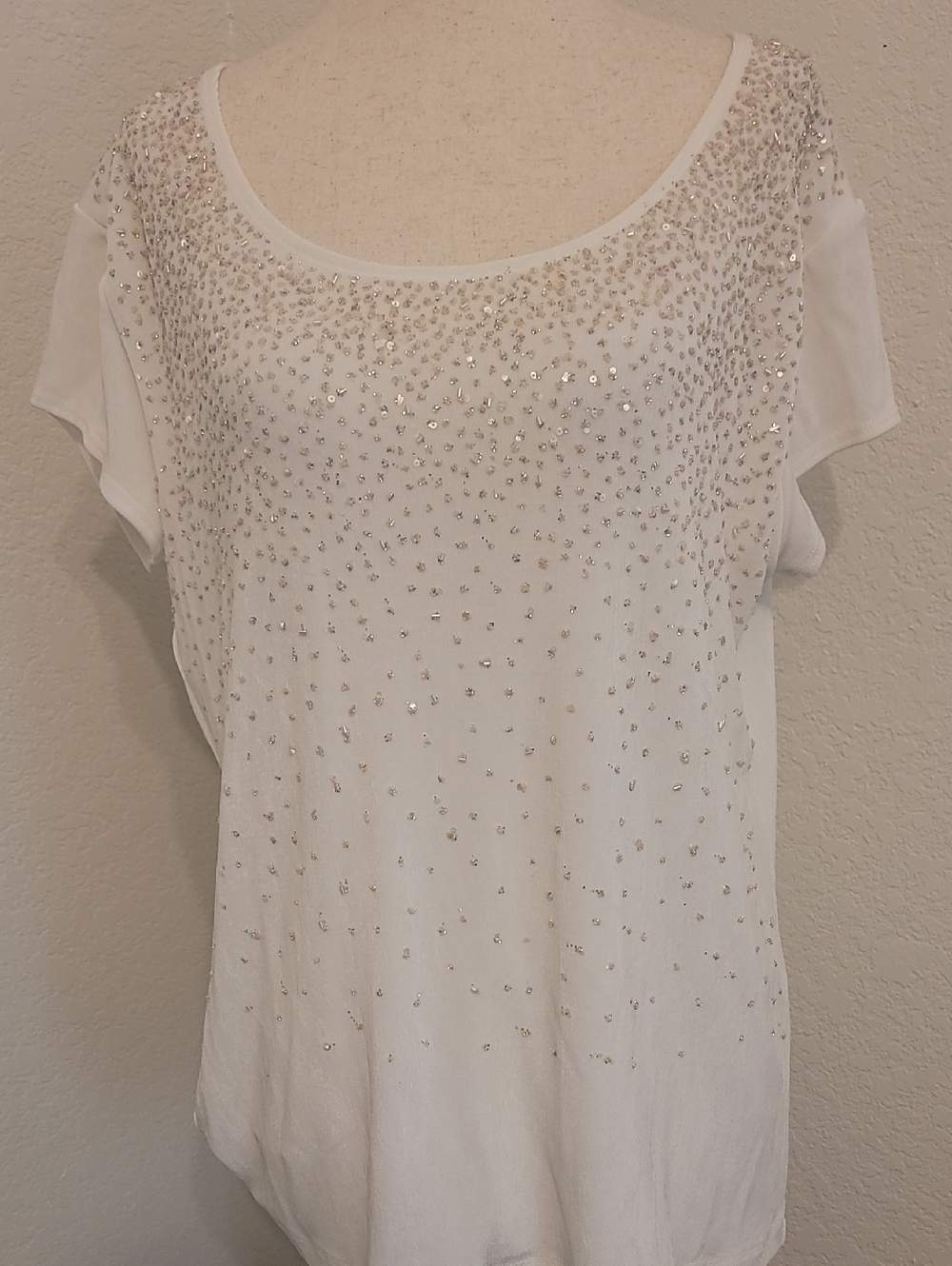 Chico's White Short Sleeve Scoop Neck Top with Silver Embellishments